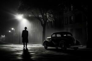 ai gegenereerd retro auto Aan een mistig straat Bij nacht. silhouet van een Mens in een regenjas en hoed staand in de buurt een oud auto, 1940 film noir detective tafereel, ai gegenereerd foto