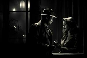 ai gegenereerd retro stijl portret van een Mens in een hoed en een vrouw in een restaurant, 1940 film noir detective tafereel, ai gegenereerd foto