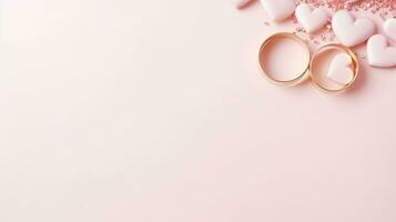 ai gegenereerd roze pastel valentijnsdag dag achtergrond met kopiëren ruimte en bruiloft gouden ringen foto