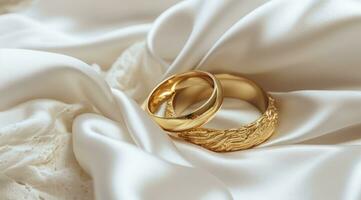 ai gegenereerd goud en wit bruiloft ringen Aan een wit tafel kleding foto