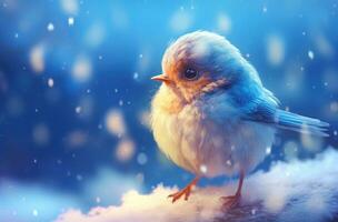 ai gegenereerd klein blauw vogel zittend in de sneeuw met sommige sneeuw, foto