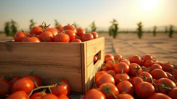 ai gegenereerd tomaten zijn rijp in een krat in een klein tuin foto