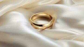 ai gegenereerd twee bruiloft ringen zijn houdende Aan top van een wit kleding stof foto