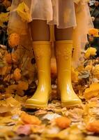 ai gegenereerd geel regen laarzen Holding geel bloem foto