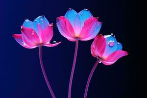 ai gegenereerd drie bloem bloemknoppen met water druppeltje tegen een blauw achtergrond foto