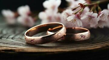 ai gegenereerd twee bruiloft ringen Aan top van een stuk van hout foto