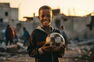 ai gegenereerd een jongen glimlacht en houdt een voetbal bal in voorkant een stad foto