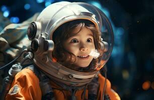 ai gegenereerd weinig meisje astronaut in ruimte foto