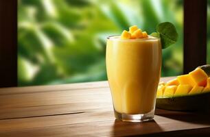 ai gegenereerd een mango smoothie Aan top van een houten tafel foto