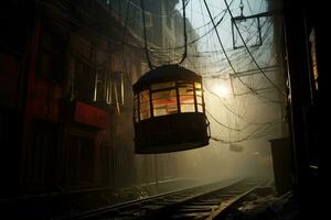 ai gegenereerd tram in de mistig stad Bij nacht. tbilisi, Georgië, een kabel auto hangende van een spinnenweb van draden, ai gegenereerd foto