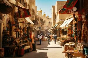 ai gegenereerd niet geïdentificeerd mensen wandelen in de straat in jaisalmer, rajasthan, Indië, een bruisend marktplaats in een midden- oostelijk dorp, ai gegenereerd foto