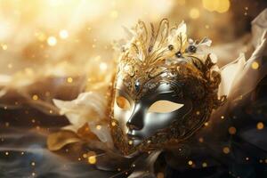 ai gegenereerd een geel en goud maskerade masker met bling in goud en zilver foto