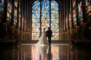 ai gegenereerd bruid en bruidegom in kerk interieur. bruiloft stel, pasgetrouwde stel, een kapel bruiloft met gebrandschilderd glas ramen, ai gegenereerd foto