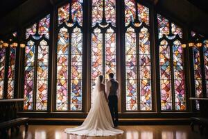 ai gegenereerd mooi bruiloft stel, bruid en bruidegom poseren in de kerk, een kapel bruiloft met gebrandschilderd glas ramen, ai gegenereerd foto