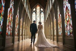 ai gegenereerd mooi bruiloft stel, bruid en bruidegom poseren in de kerk, een kapel bruiloft met gebrandschilderd glas ramen, ai gegenereerd foto