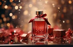 ai gegenereerd een elegant parfum fles Aan top van Kerstmis cadeaus foto