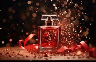 ai gegenereerd een elegant parfum fles Aan top van Kerstmis cadeaus foto