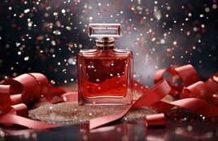 ai gegenereerd een elegant parfum fles Aan top van Kerstmis cadeaus foto