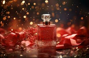 ai gegenereerd een elegant parfum fles Aan top van Kerstmis cadeaus foto