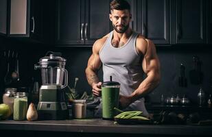 ai gegenereerd gezond leven bodybuilder in de keuken met groen smoothie foto