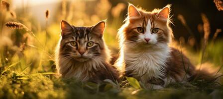 ai gegenereerd hond en kat in de gras samen foto