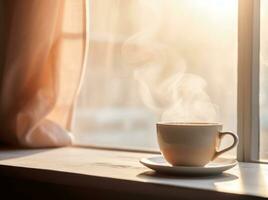 ai gegenereerd koffie met stoom- in een wit kop en lepel in een venster foto