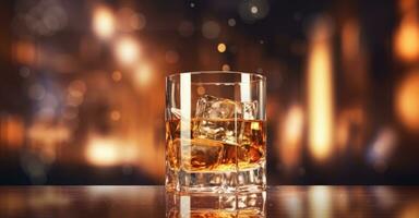 ai gegenereerd glas van whisky met ijs kubussen Aan tafel Bij bar foto