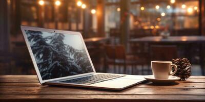 ai gegenereerd laptop computer Aan houten tafel met Kerstmis boom foto