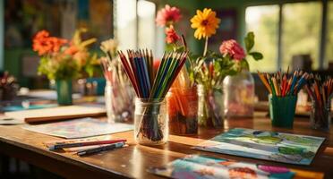 ai gegenereerd pennen, potloden, notitieboekje, en school- benodigdheden Aan een tafel foto