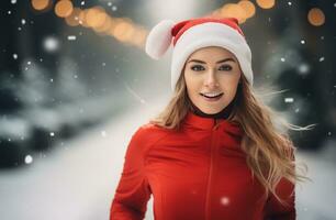 ai gegenereerd Dames jogging in de sneeuw glimlachen terwijl rennen foto