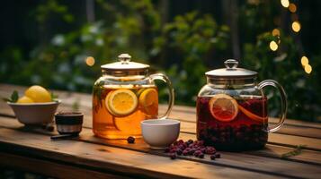 ai gegenereerd thee en koffie pot Aan een houten tafel in de buurt groen foto