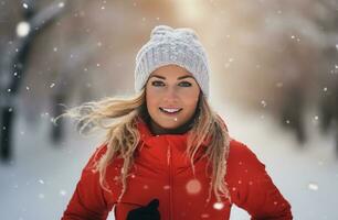 ai gegenereerd Dames jogging in de sneeuw glimlachen terwijl rennen foto