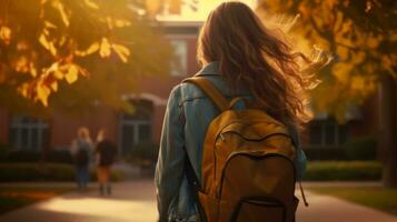 ai gegenereerd leerling vrouw wandelen weg van school- met haar rugzak foto