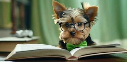 ai gegenereerd weinig hond in bril lezing de boek foto