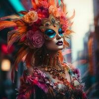 ai gegenereerd mooi jong vrouw in carnaval masker en maskerade kostuum Bij mardi gras partij foto