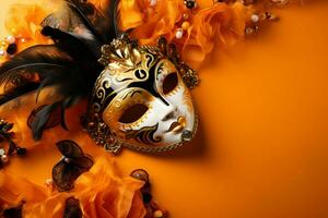 ai gegenereerd mardi gras maskers in traditioneel banier met kopiëren ruimte , feestelijk mardi gras kleuren foto