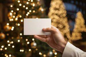 ai gegenereerd persoon Holding papier met Kerstmis lichten achtergrond foto