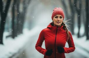 ai gegenereerd Dames jogging in de sneeuw glimlachen terwijl rennen foto