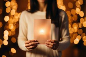 ai gegenereerd persoon Holding papier met Kerstmis lichten achtergrond foto