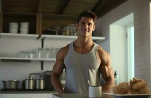 ai gegenereerd jong gespierd Mens, gekleed in tank top is in de keuken genieten van ontbijt foto