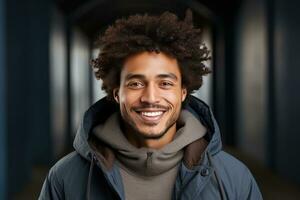 ai gegenereerd een Mens met afro haar- is glimlachen foto