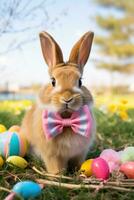 ai gegenereerd schattig konijn met een roze boog zittend in een met gras begroeid veld- met kleurrijk Pasen eieren in de achtergrond foto