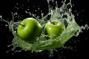 ai gegenereerd studio foto van twee groen appels met spatten van water Aan een zwart achtergrond. gegenereerd door kunstmatig intelligentie-