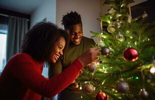 ai gegenereerd een paar zijn regelen van Kerstmis ornamenten in de omgeving van boom, foto