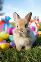 ai gegenereerd schattig konijn met een roze boog zittend in een met gras begroeid veld- met kleurrijk Pasen eieren in de achtergrond foto