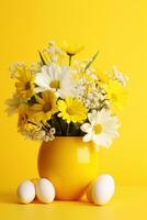 ai gegenereerd een levendig Pasen ei en bloem arrangement foto