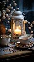 ai gegenereerd een wit lantaarn met kaarsen De volgende naar een koffie mok en snoep, ik foto
