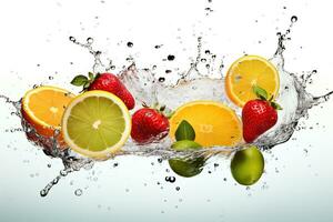 ai gegenereerd spatten water met fruit geïsoleerd Aan wit achtergrond. foto