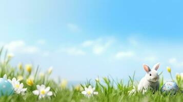 ai gegenereerd voorjaar groen weide met Pasen effs en konijn tegen blauw lucht, foto