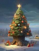 ai gegenereerd Kerstmis decoratief met geschenk doos en sneeuwvlok Aan Kerstmis boom en vrolijk Kerstmis en gelukkig nieuw jaar. winter vakantie viering mockup groen kleur foto
